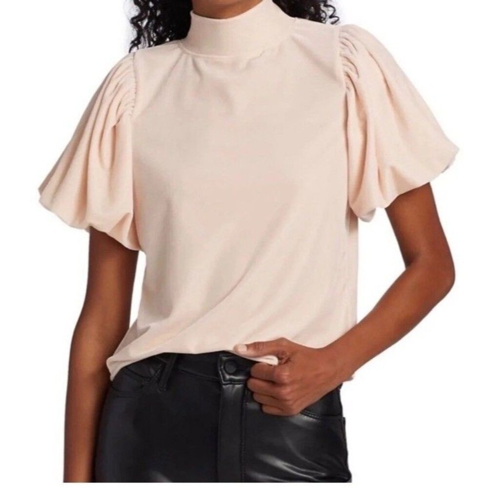 Free People Claudia Velvet Mock Neck Puff Sleeve Light Pink ChampagneTop Size XS